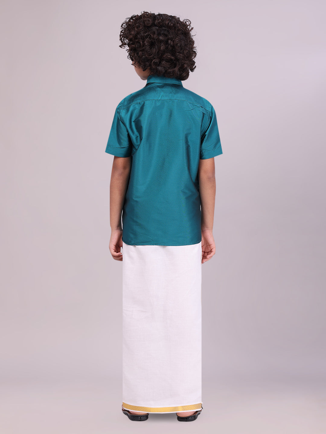 Boys Art Silk Aqua Blue Half Sleeves Shirt with Gold Jari Flexi Dhoti Towel Combo back pose