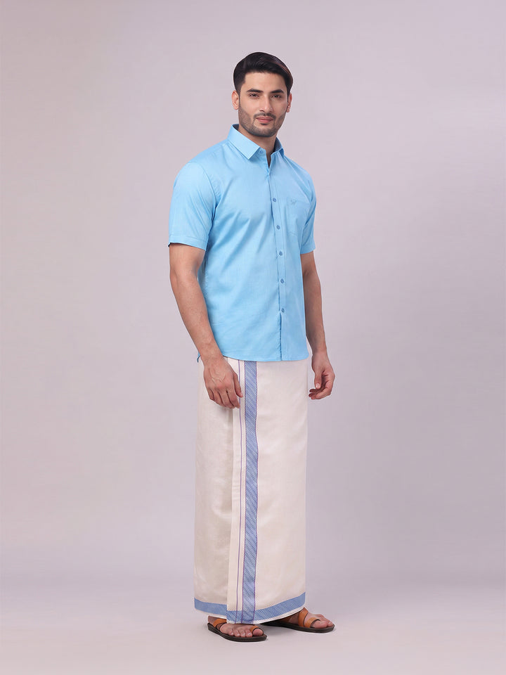 Men's Cotton Sky Blue Shirt and Airtex Matching Border Dhoti Combo Nector