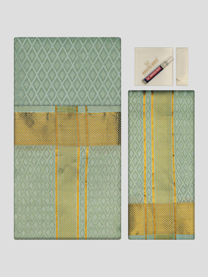 Mens Art Silk Pista Full Sleeves Shirt with 2 1/2"  Gold Jari Border & Towel Dhoti Combo Spruce