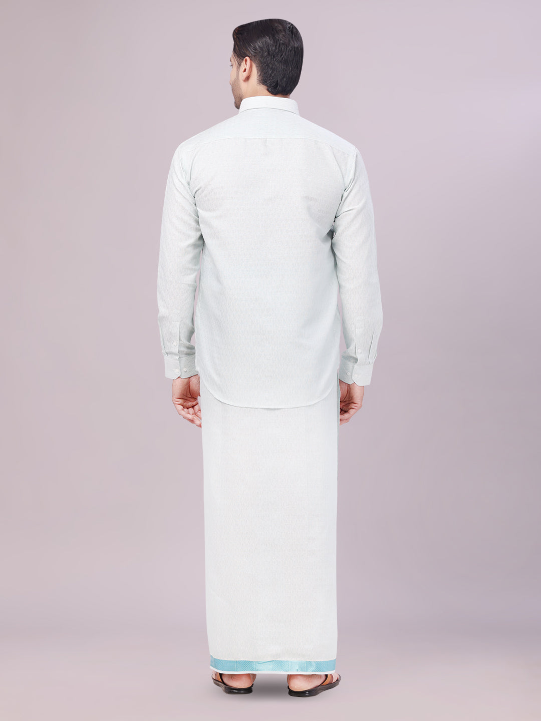 Men's Mint Blue Color Jacquard Shirt with Matching Dhoti Combo Zeebra back pose