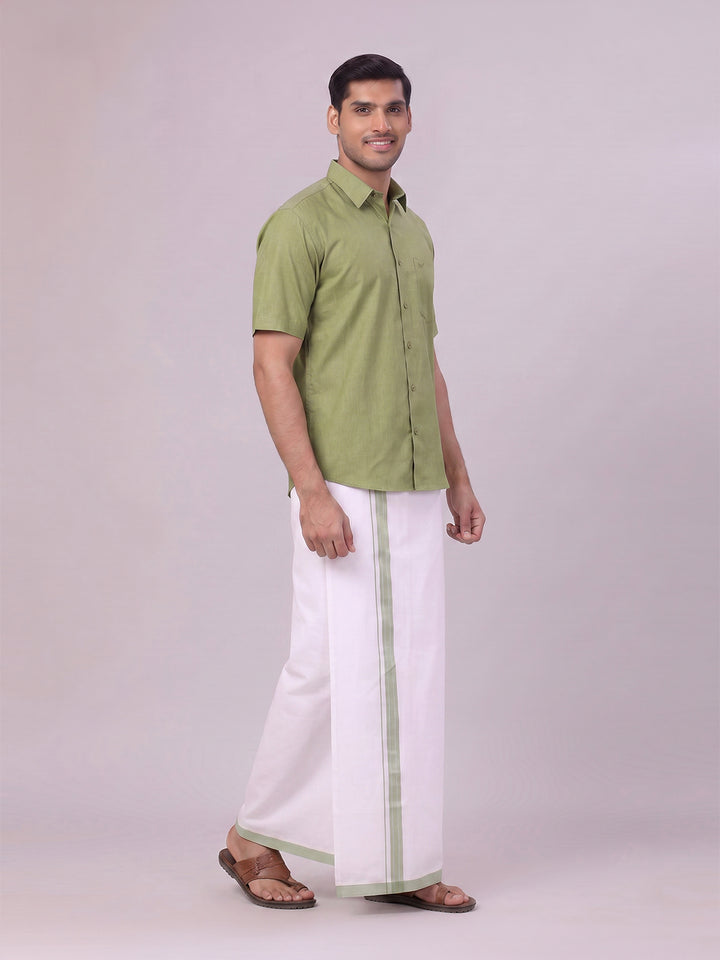 Mens Light Green Color Shirt with Matching Border Dhoti Combo Casper