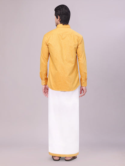 Men's Yellow Color Cotton Shirt with Matching Border Dhoti Combo back pose
