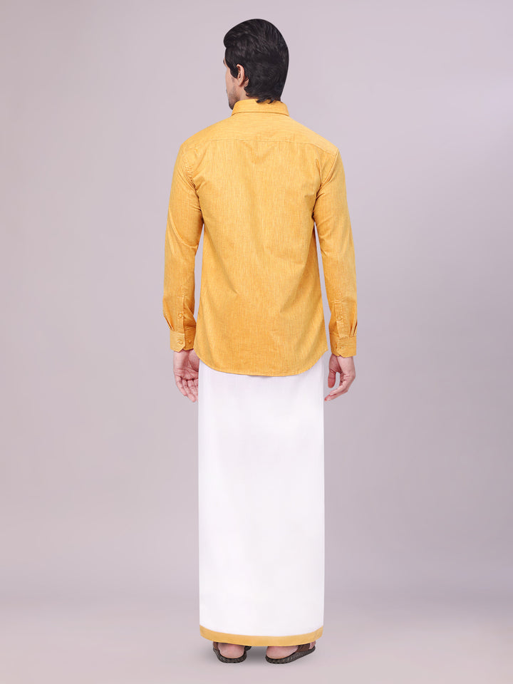 Men's Yellow Color Cotton Shirt with Matching Border Dhoti Combo back pose