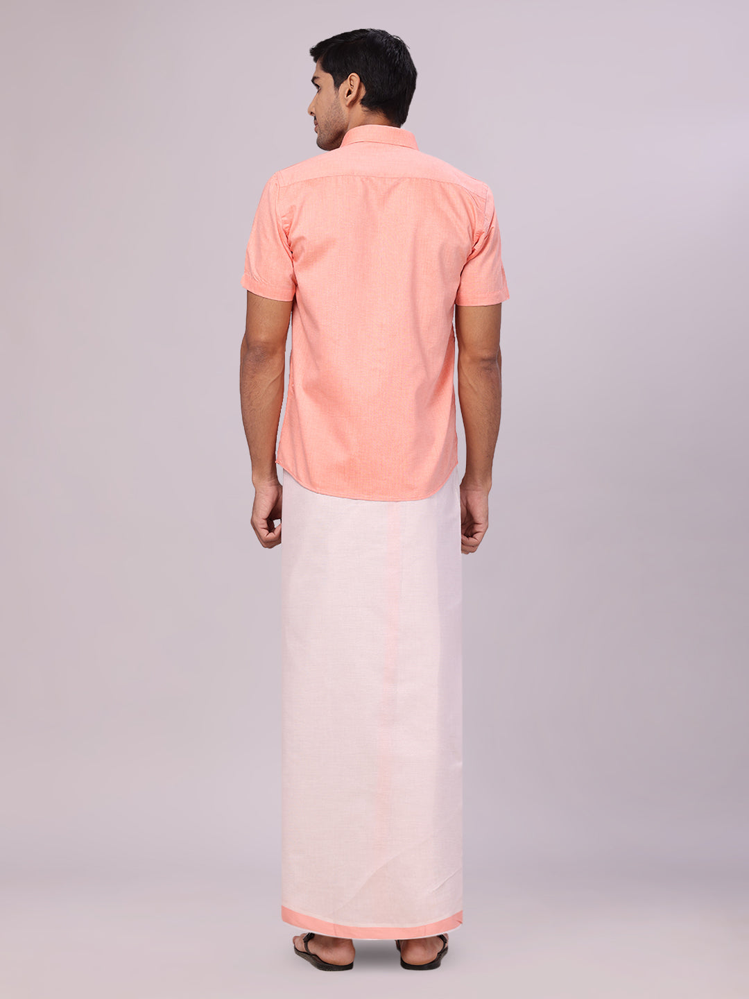 Mens Cotton Peach Shirt with Tissue Matching Border Dhoti Wedding Combo Kandala