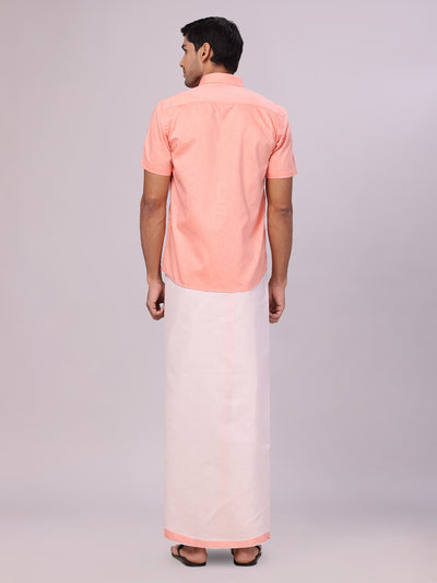 Men's Cotton Peach Shirt with Tissue Matching Border Dhoti Wedding Combo Kandala back pose