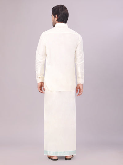 Men's Art Silk Cream Full Sleeves Shirt with Fancy Jari Border Dhoti Combo Finesse back pose