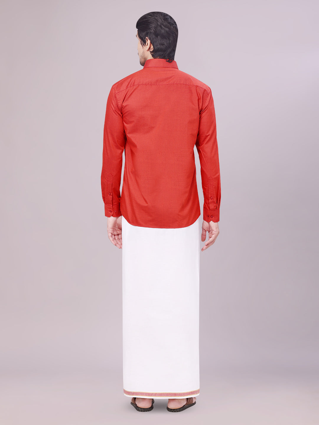 Men's Crimson Red Shirt with Matching Border Dhoti Combo Pinto back pose