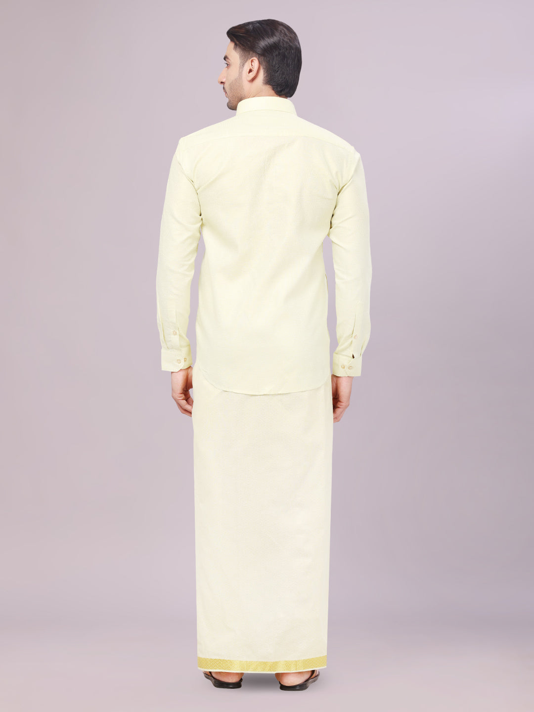 Men's Brass Tissue Jacquard Shirt with Matching Dhoti Combo Zeebra back pose