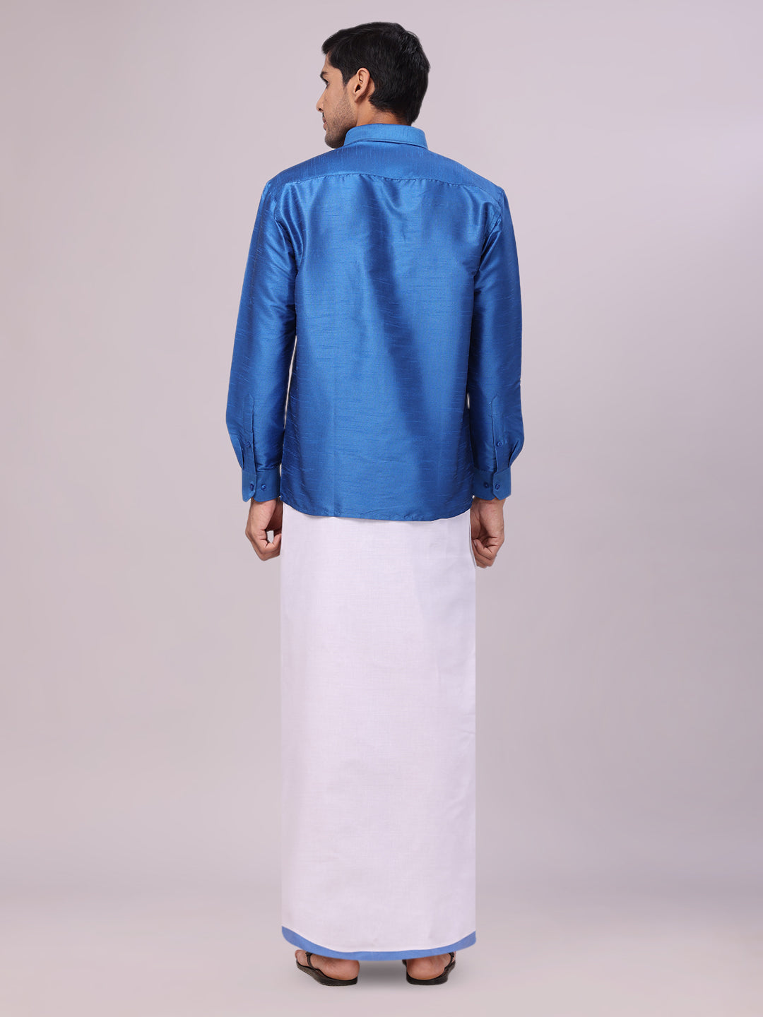 Men's Blue Dupion Satin Color Shirt with Matching Border Dhoti Combo Gora back pose