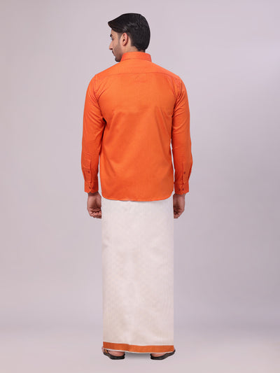 Mens Cotton Brick Shirt and Airtex Matching Border Dhoti Combo Nector