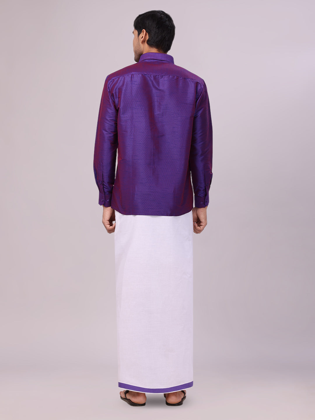 Men's Violet Dupion Satin Color Shirt with Matching Border Flexi Dhoti Combo Gora Flexi back pose