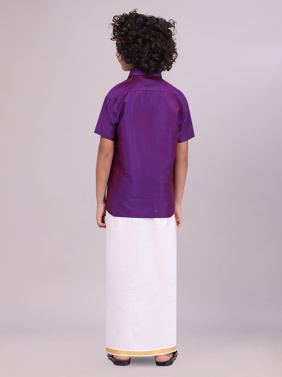 Boys Art Silk Purple Half Sleeves Shirt with Gold Jari Flexi Dhoti Towel Combo back pose