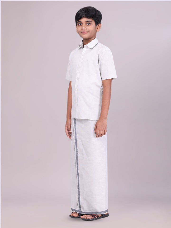 Boys Tissue Grey Colour Shirt with Dhoti Combo side pose