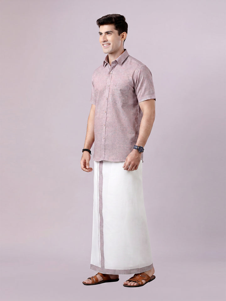 Men's Mauve Color Digital Printed Shirt with Matching Printed Border Dhoti Combo Varnam