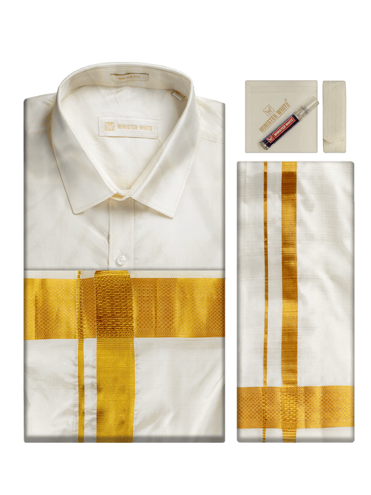Men's Pure Silk Wedding Cream Shirt, Dhoti, Nerial with Belt Combo - Nesam 120K