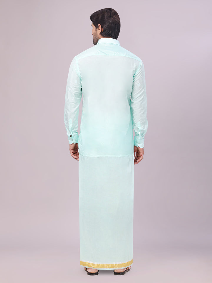Mens Art Silk Mint Leaf Green Full Sleeves Shirt with Gold Jari Border Dhoti & Towel Combo Blush