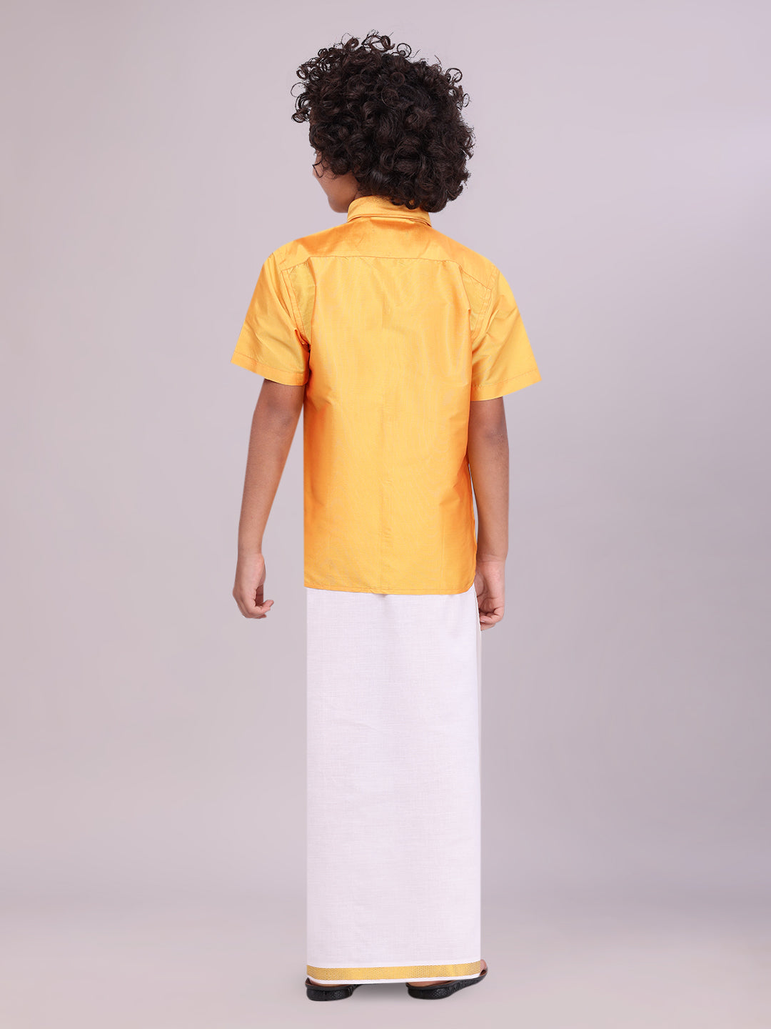 Boys Art Silk Golden Yellow Half Sleeves Shirt with Gold Jari Flexi Dhoti Towel Combo - back pose