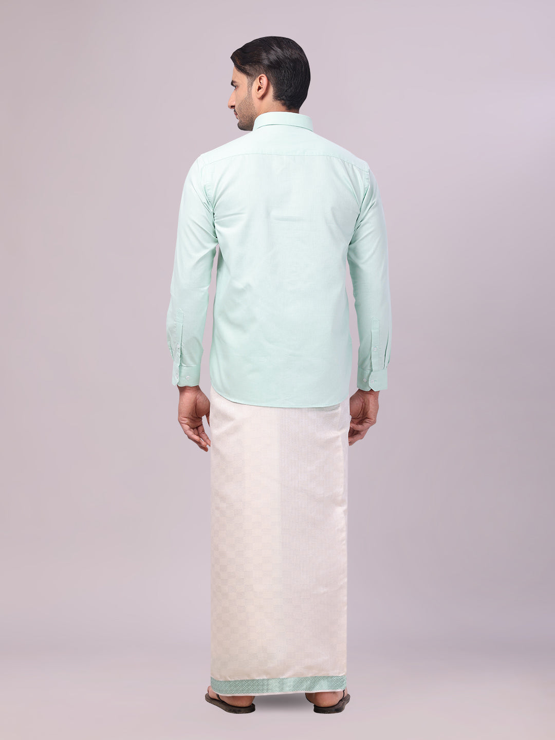 Men's Cotton Sea Green Shirt and Airtex Matching Border Dhoti Combo Nector back pose