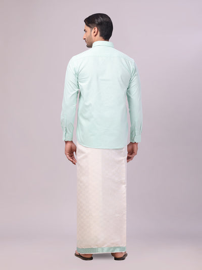 Mens Cotton Sea Green Shirt and Airtex Matching Border Dhoti Combo Nector