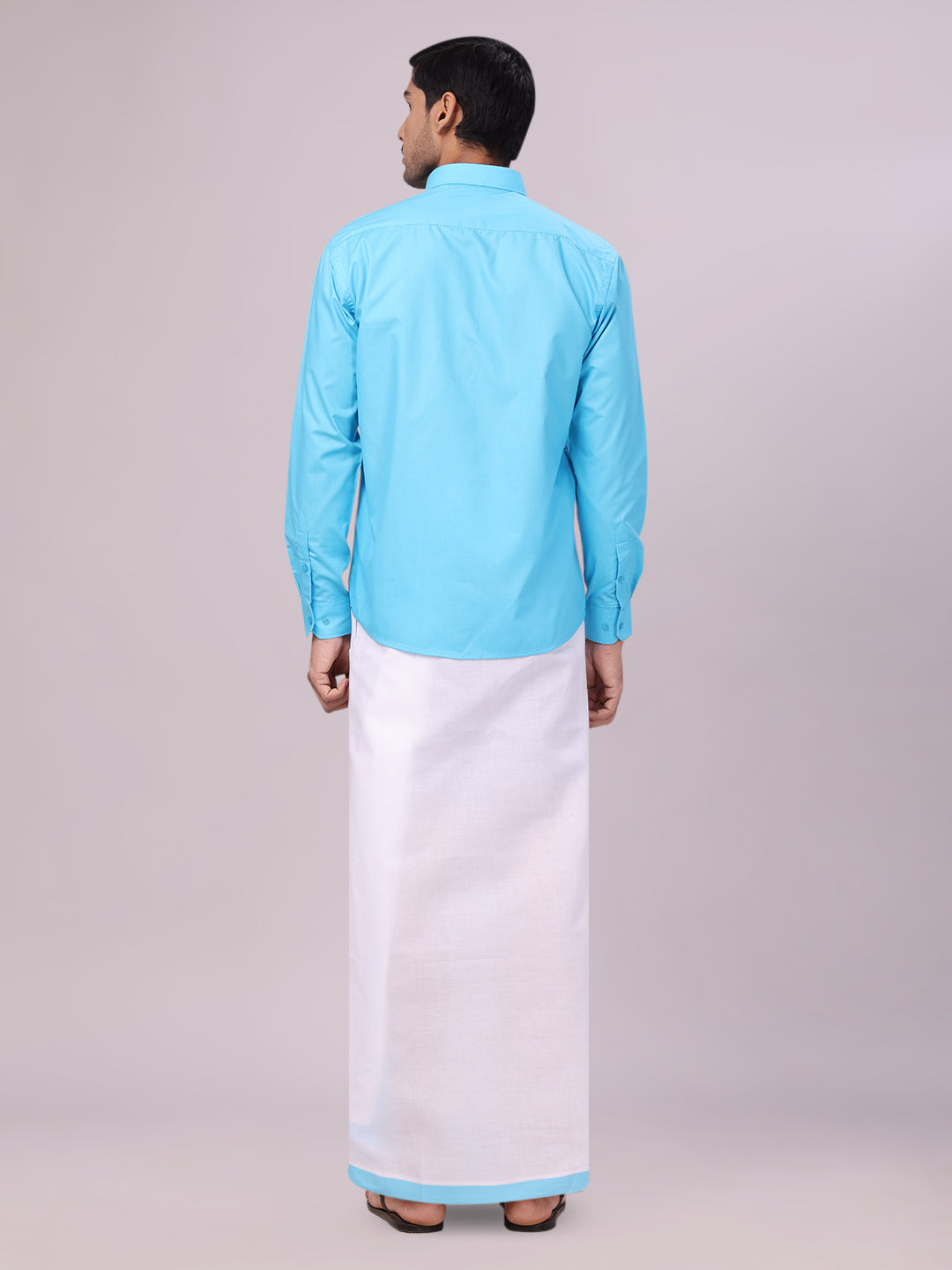 Men's Sky Blue Shirt with Matching Border Flexi Dhoti Combo Casper Flexi back pose