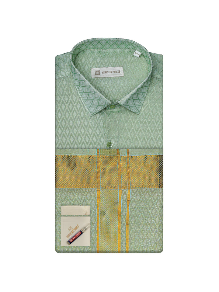 Mens Art Silk Pista Full Sleeves Shirt with 2 1/2"  Gold Jari Border & Towel Dhoti Combo Spruce