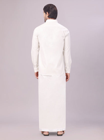 Men's Silver Color Tissue Shirt with Jari Dhoti Combo back pose