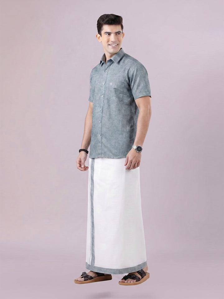 Men's Emerald Color Digital Printed Shirt with Matching Printed Border Dhoti Combo Varnam
