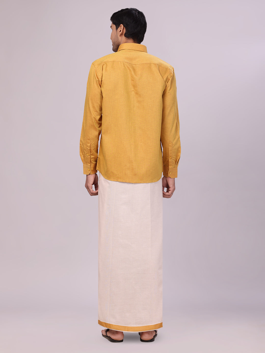 Men's Mustard Color Cotton Shirt with Matching Border Tissue Dhoti Combo back pose