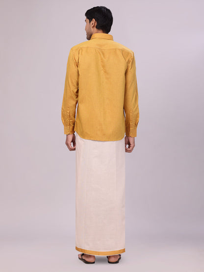 Men's Mustard Color Cotton Shirt with Matching Border Tissue Dhoti Combo back pose