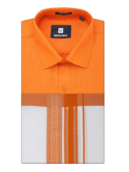 Men's Cotton Orange Matching Shirt with Fancy Printed Border Dhoti Combo Luster Trend