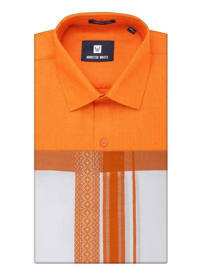 Men's Cotton Orange Matching Shirt with Fancy Printed Border Dhoti Combo Luster Trend