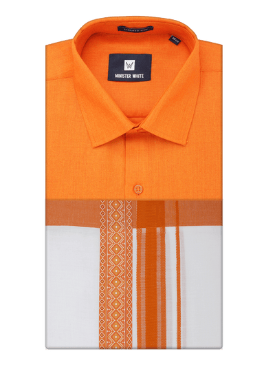 Men's Cotton Orange Matching Shirt with Fancy Printed Border Dhoti Combo Luster Trend