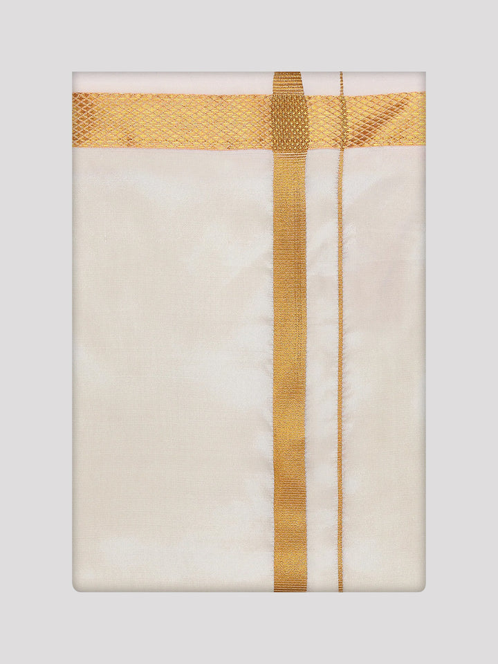 Mens Art Silk Wedding Cream Shirt, Dhoti, Nerial with Belt Combo - Boopalan Cream