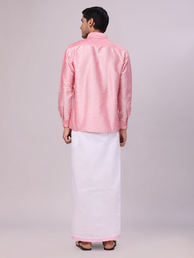 Men's Light Pink Dupion Satin Shirt with Matching Border Dhoti Combo Gora back pose