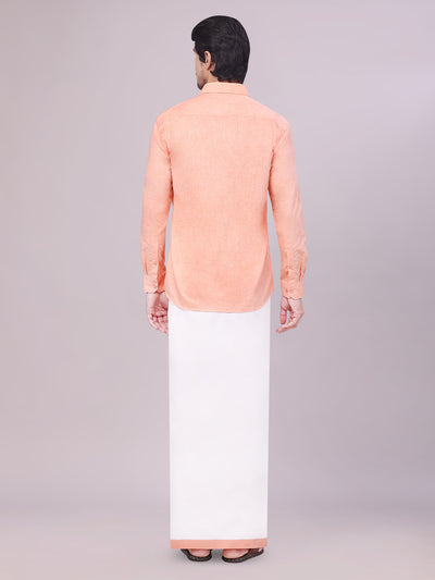 Men's Peach Colour Shirt with Matching Fancy Border Dhoti Combo Lemax back pose