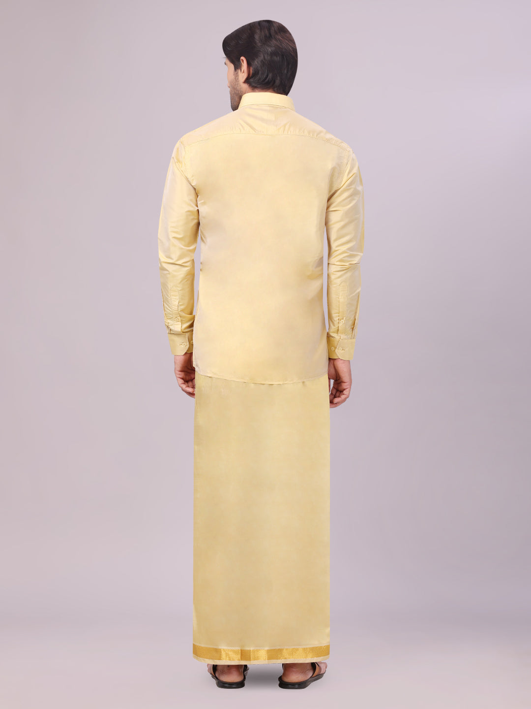 Men's Art Silk Mango Full Sleeves Shirt with Gold Jari Border Dhoti Combo Finesse back pose