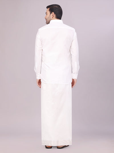 Men's Art Silk Half White Full Sleeves Shirt with 2 1/2" Silver Jari Border Dhoti Combo Neogen back pose 