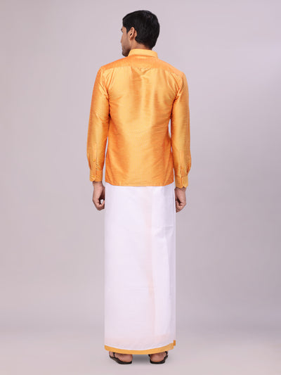 Men's Golden Yellow Dupion Satin Color Shirt with Matching Border Dhoti Combo Gora back pose