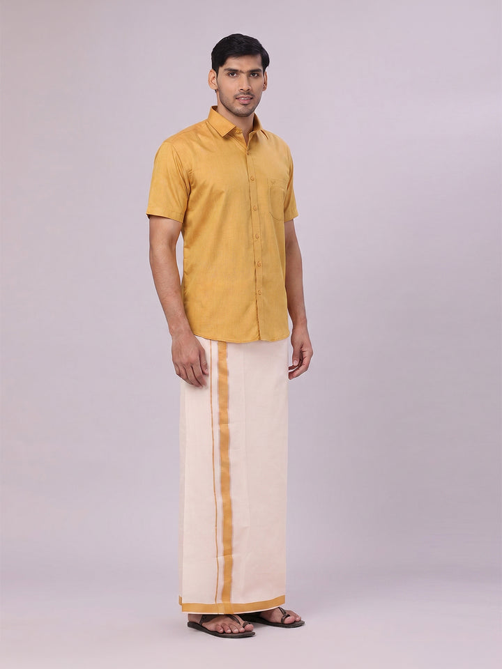 Mens Cotton Mustard Shirt with Tissue Matching Border Dhoti Wedding Combo Kandala