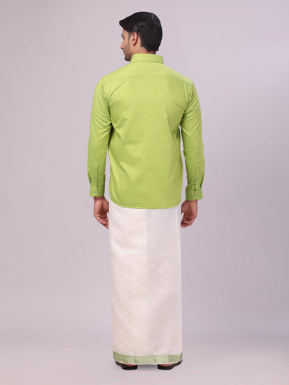 Men's Cotton Parrot Green Shirt and Airtex Matching Border Dhoti Combo Nector back pose