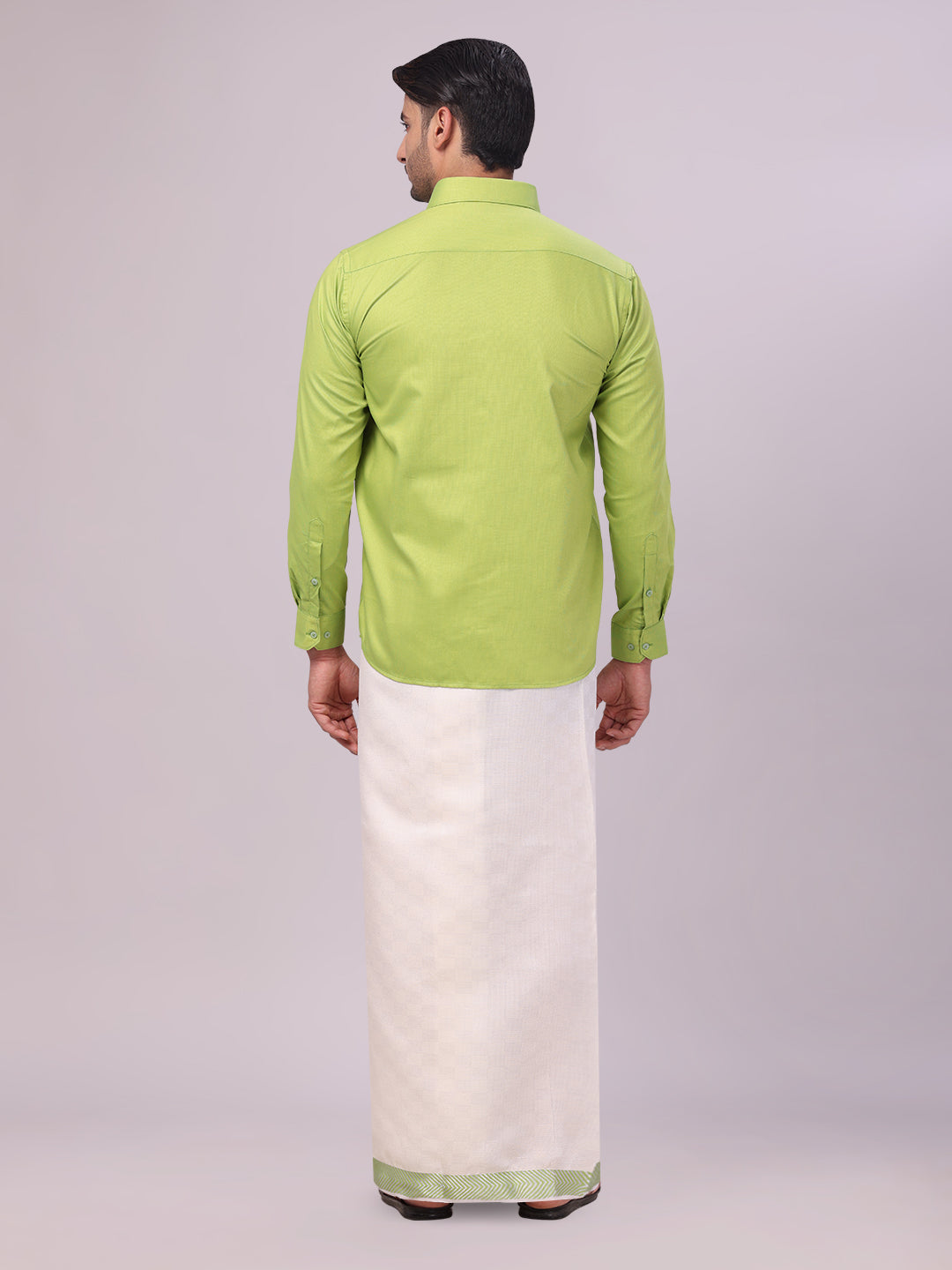 Mens Cotton Parrot Green Shirt and Airtex Matching Border Dhoti Combo Nector