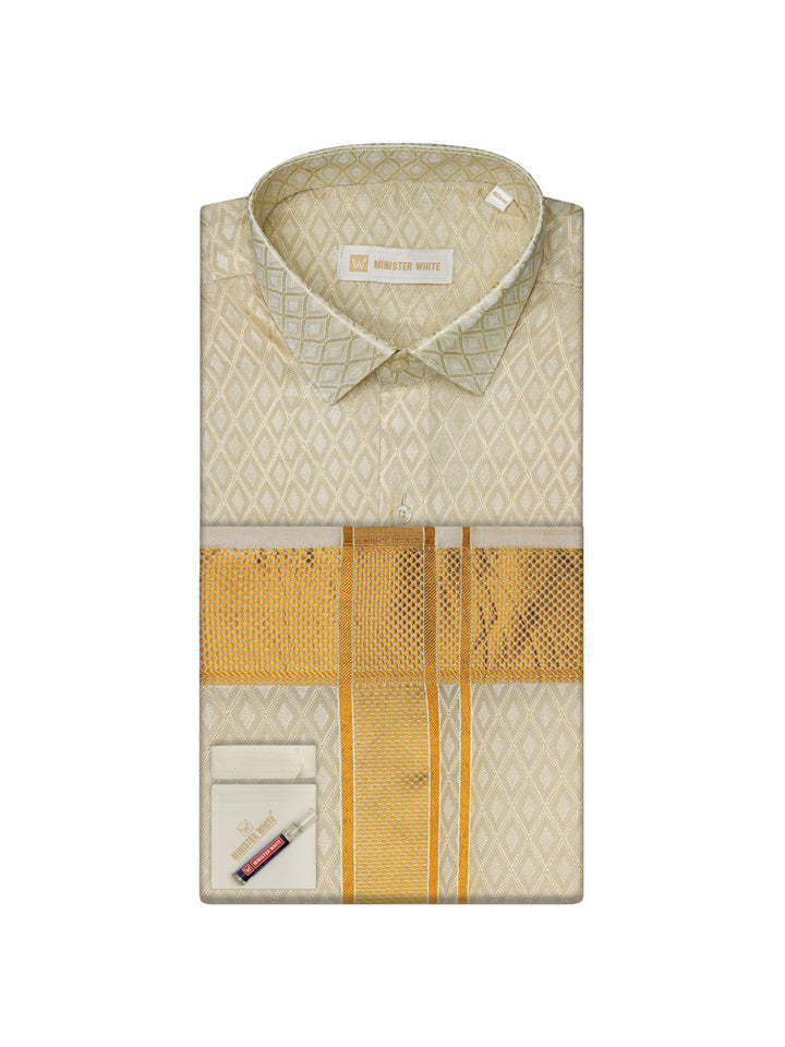Mens Art Silk Cream Full Sleeves Shirt with 2 1/2"  Gold Jari Border & Towel Dhoti Combo Spruce