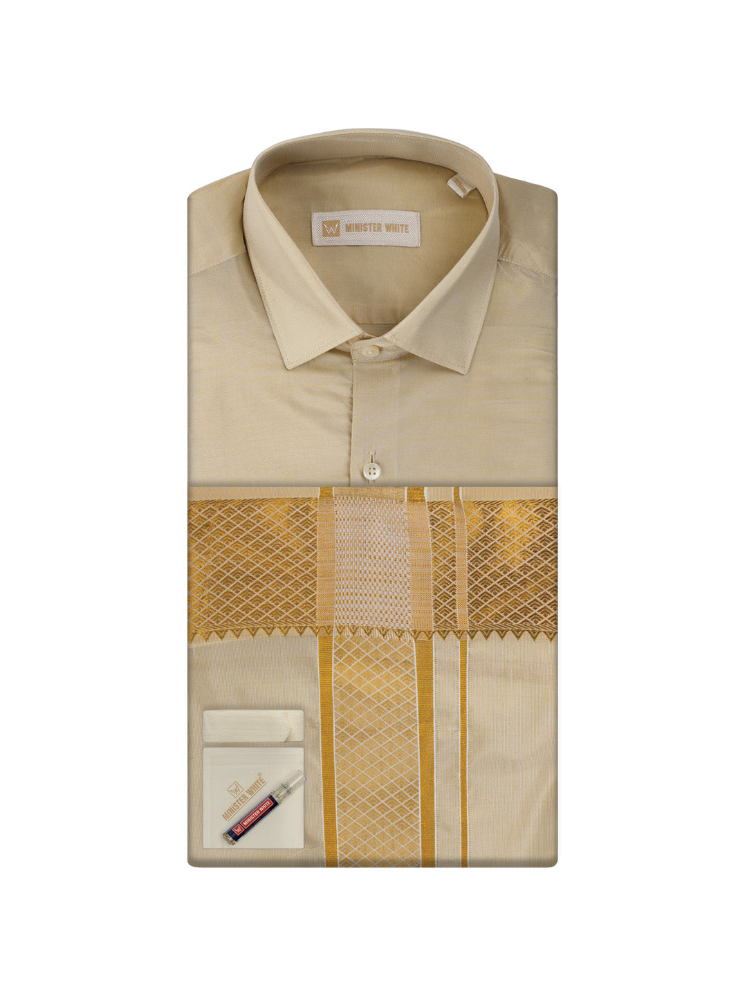 Men's Plain Art Silk Medium Gold Full Sleeves Shirt with 3"Jacquard Jari Border Flexi Dhoti Combo Mangal