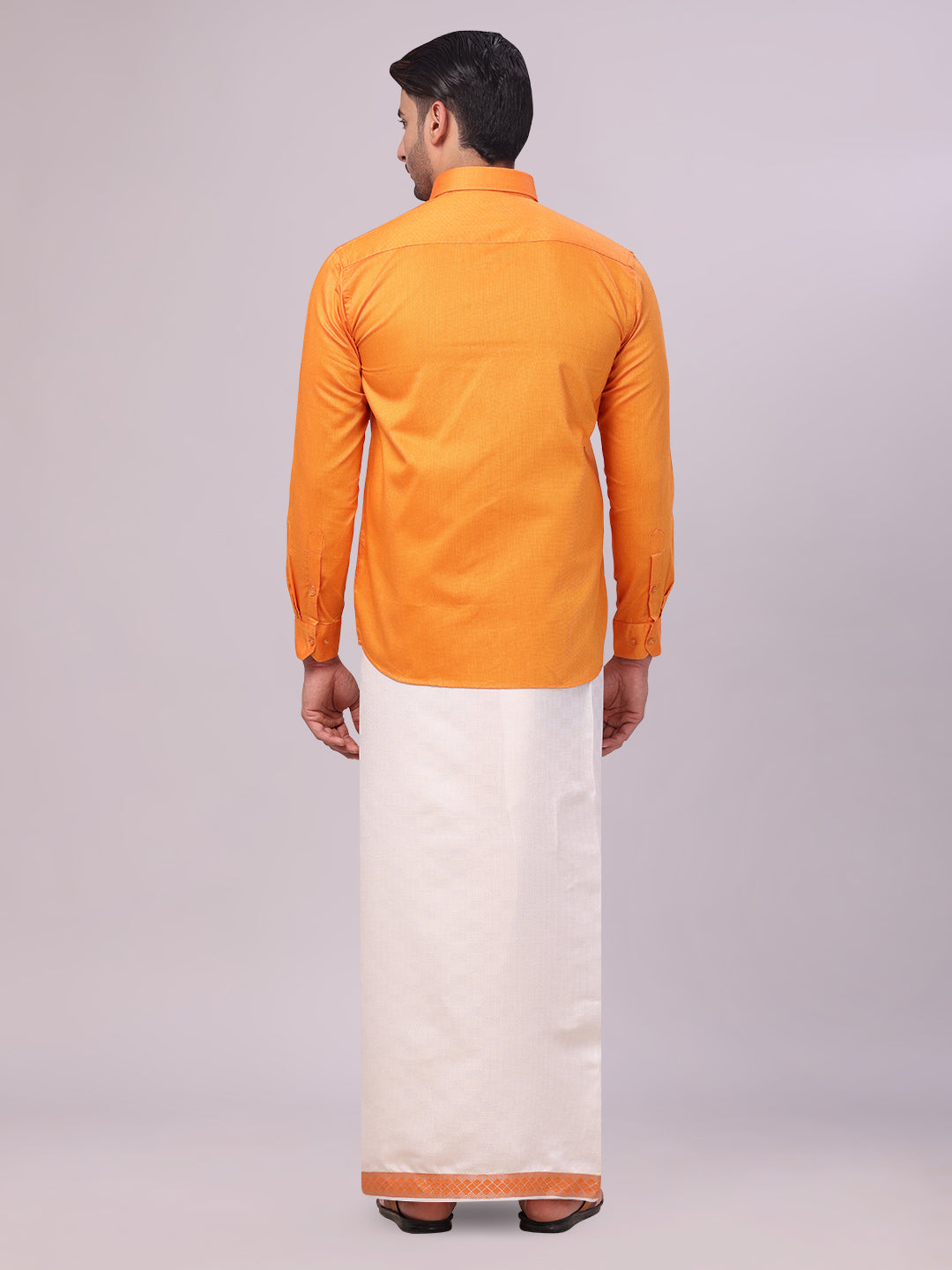 Men's Cotton Orange Shirt and Airtex Matching Border Dhoti Combo Nector back pose