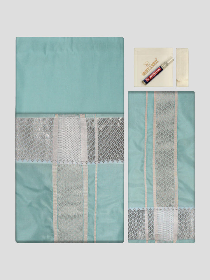 Men's Plain Art Silk Sea Green Full Sleeves Shirt with 3"Jacquard Silver Jari Border Flexi Dhoti Combo Mangal