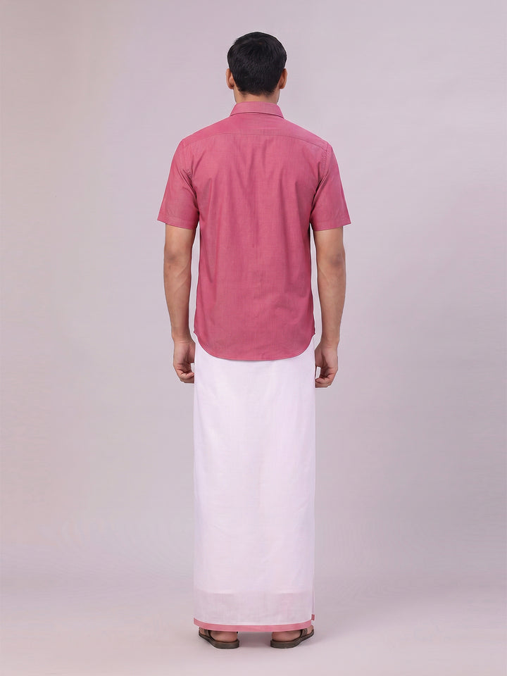 Mens Pink Color Shirt with Matching Border Dhoti Combo Casper