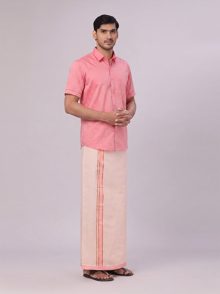 Mens Cotton Pink Shirt with Tissue Matching Border Dhoti Wedding Combo Kandala