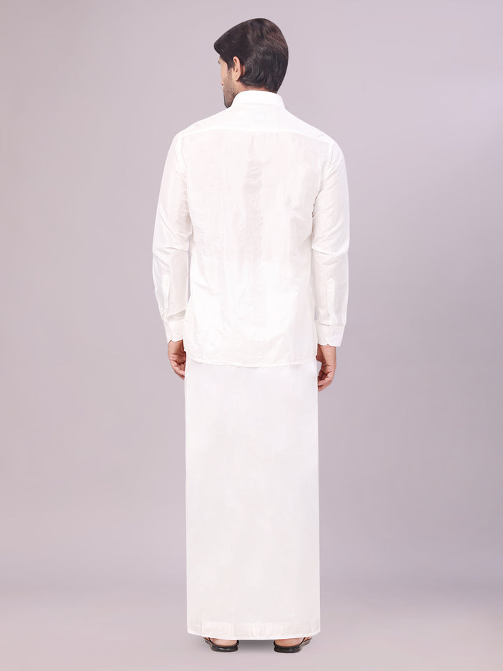 Mens Art Silk Half White Full Sleeves Shirt with Sliver Jari Border Dhoti & Towel Combo Blush