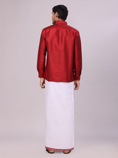 Dupion Satin Maroon Shirt with Dhoti Combo for men - back pose 