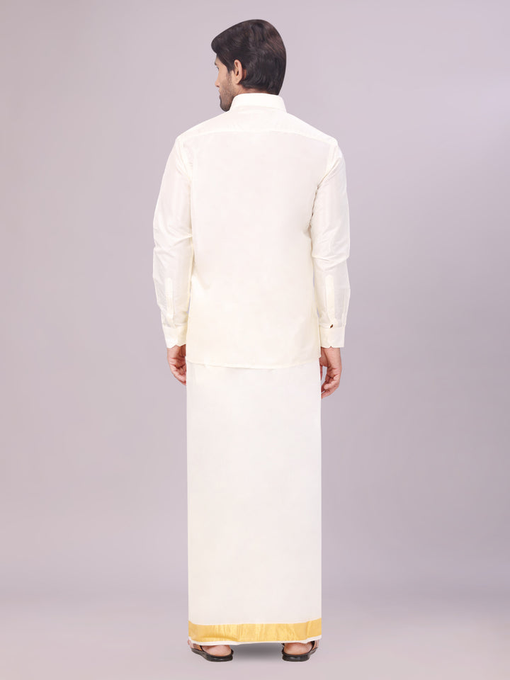 Mens Art Silk Cream Full Sleeves Shirt with 100K Gold Jari Border Dhoti & Towel Combo Blush